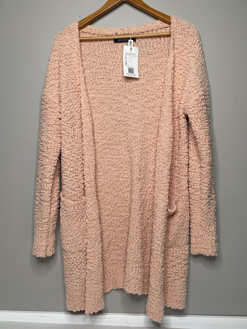 MEROKEETY Women’s Cardigan Small Peach Pink Popcorn Knit Open Front NWT